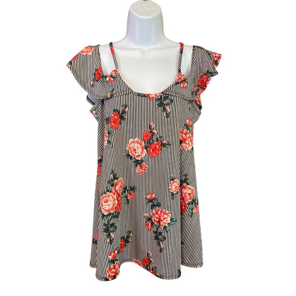 First Love Ruffle Tank Top L Black White Floral Stripe Red Roses Boho Summer Y2K - Picture 1 of 7